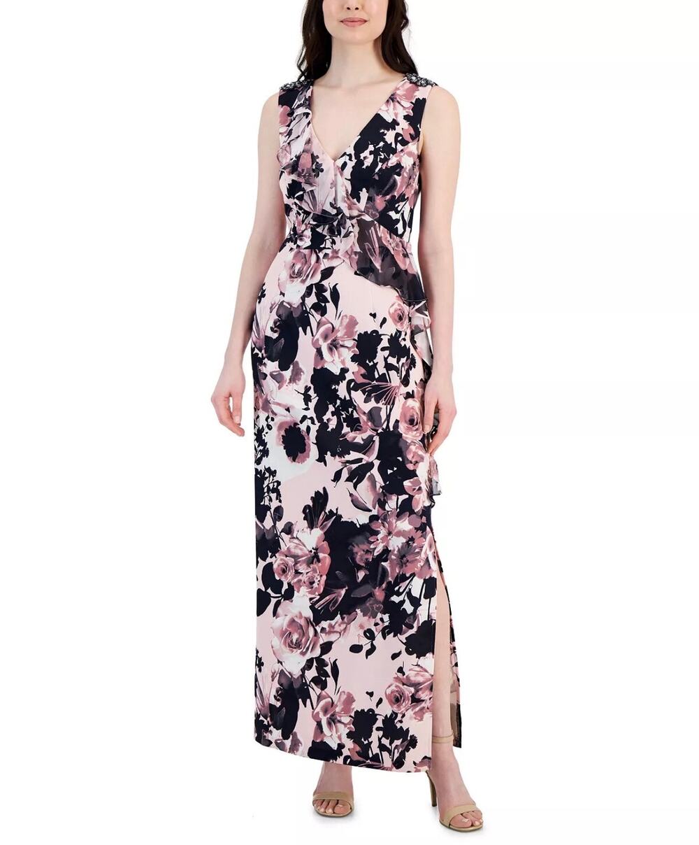 Connected Apparel Mauve Floral Ruffled-Front Maxi Dress Size 6 Sleeveless V-Neck